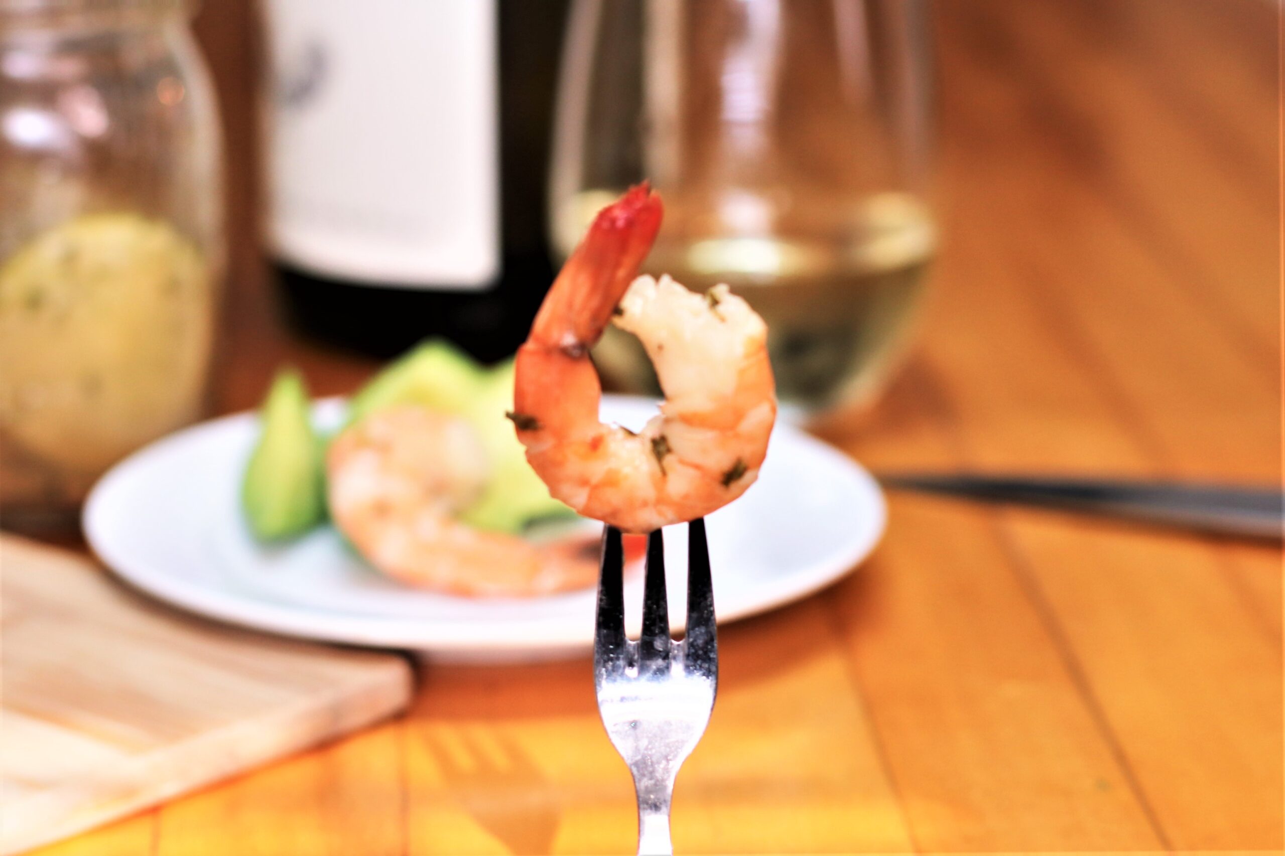 pickled shrimp on fork